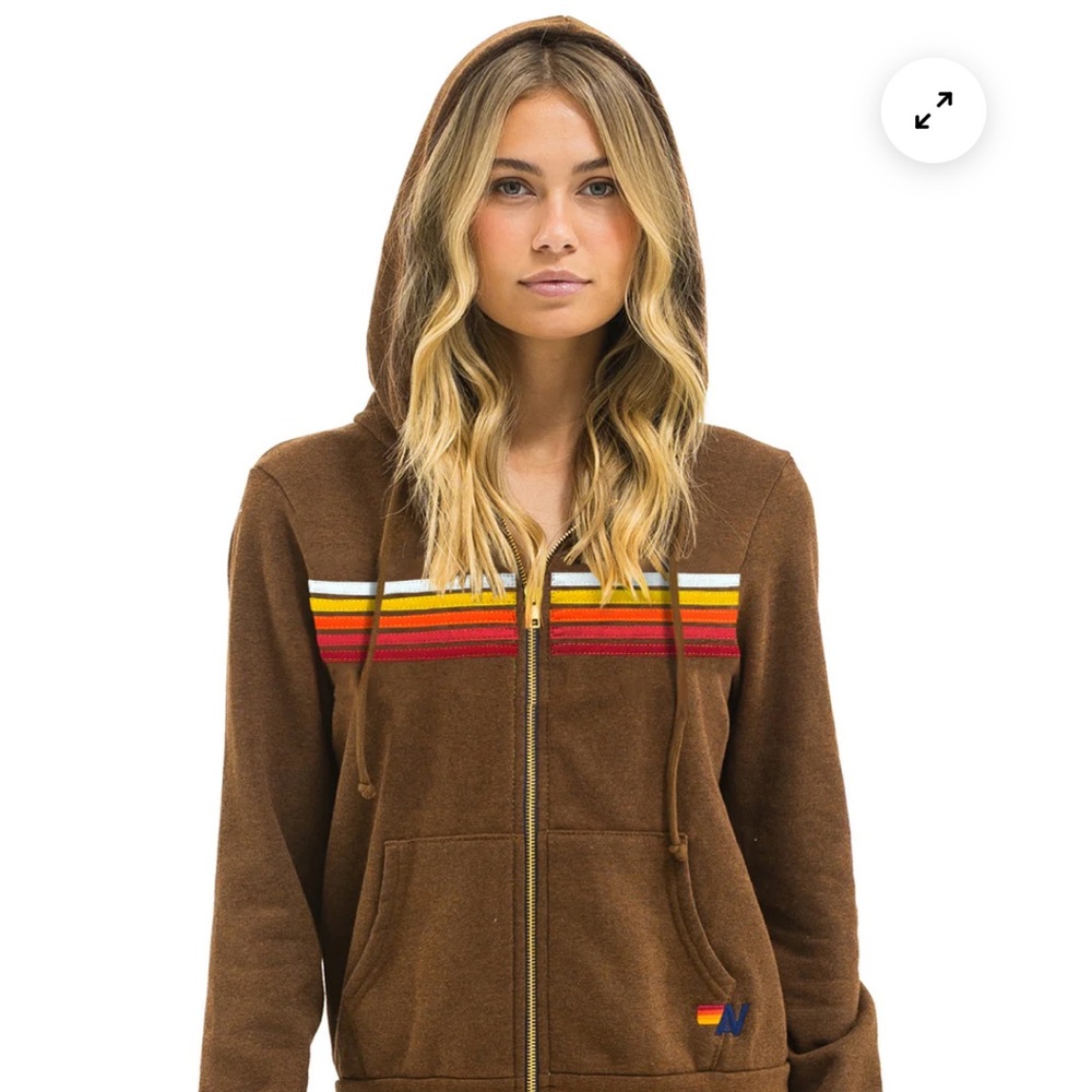 Aviator Nation Brown Zip Hooded Women's Top with Striped Detail